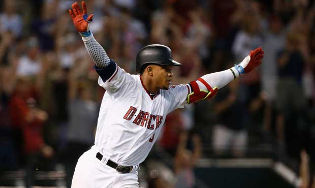 Arizona Diamondbacks' Ketel Marte celebrates his walk off single against the Colorado Rockies durin...