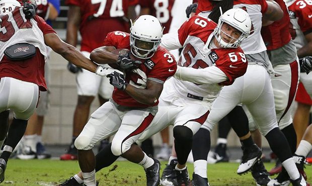 Arizona Cardinals running back Kerwynn Williams (33) slips past defensive back Rudy Ford (30) as li...