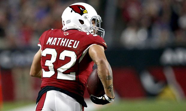 Arizona Cardinals free safety Tyrann Mathieu (32) intercepts a pass against the Chicago Bears durin...
