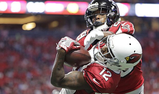 Arizona Cardinals wide receiver John Brown (12) makes a touchdown catch ahead of Atlanta Falcons co...