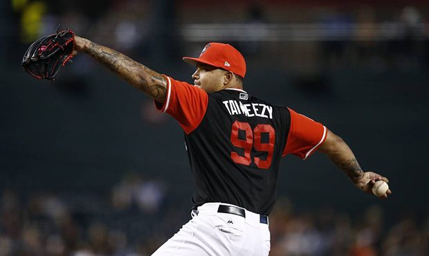 Arizona Diamondbacks' Taijuan Walker throws a pitch against the Chicago Cubs during the first innin...