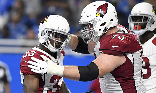 Arizona Cardinals running back Kerwynn Williams (33) reacts with Evan Boehm (70) after scoring a 3-...