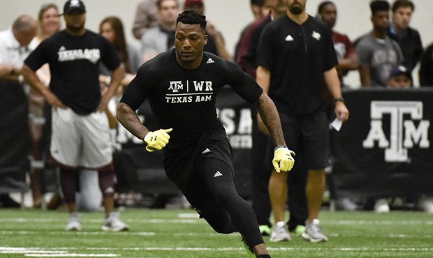 Former Texas A&M wide receiver Ricky Seals-Jones runs a drill during Texas A&M NFL Pro Day ...