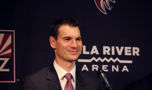 Arizona Coyotes general manager John Chayka speaks to the media at an introductory press conference...