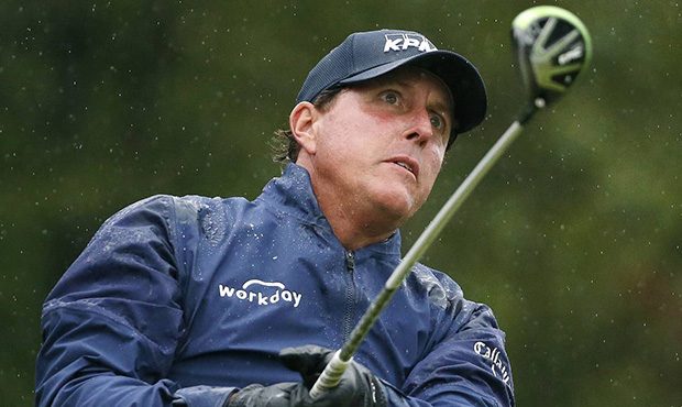 Phil Mickelson tees off on the 17th hole during the third round of the Dell Technologies Championsh...