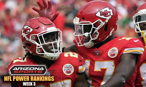 Kansas City Chiefs running back Kareem Hunt (27) is congratulated by wide receiver Chris Conley (17...