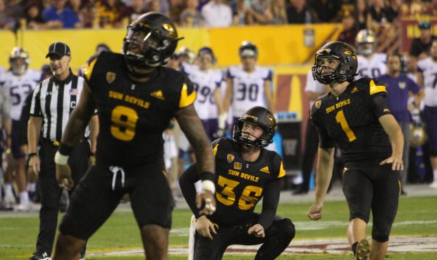 ASU placekicker Brandon Ruiz kicks a field goal in the win against Washington at Sun Devil Stadium,...