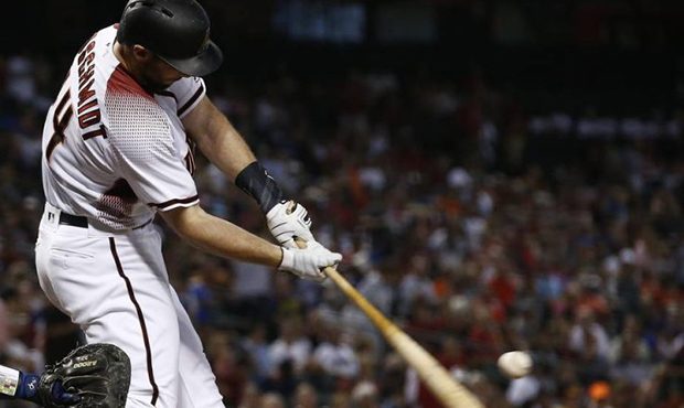 Arizona Diamondbacks' Paul Goldschmidt connects for a two-run home run against the Los Angeles Dodg...