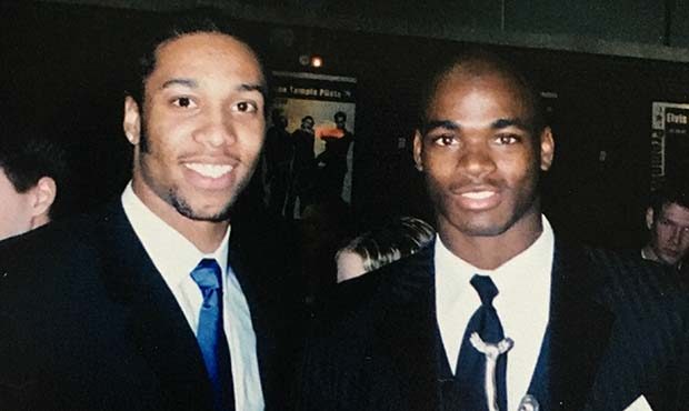 New Arizona Cardinals teammates Larry Fitzgerald and Adrian Peterson met at the Touchdown Club of C...