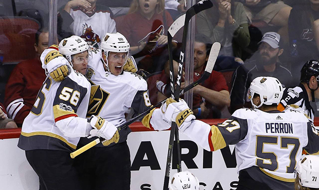 Vegas Golden Knights defenseman Nate Schmidt (88) celebrates his goal scored against the Arizona Co...