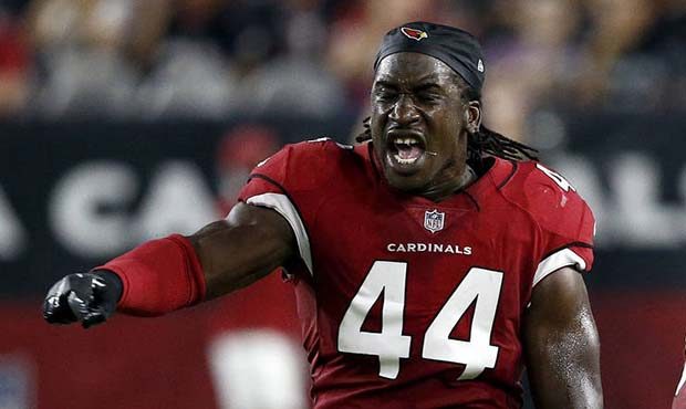 Arizona Cardinals outside linebacker Markus Golden (44) celebrates a defensive stop with Robert Nke...