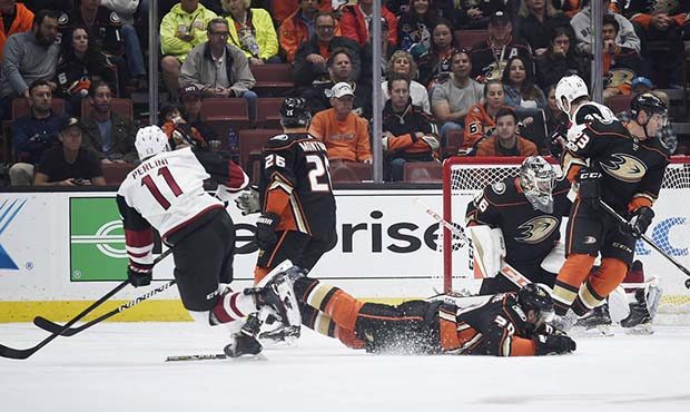 Arizona Coyotes left wing Brendan Perlini, left, watches a shot against Anaheim Ducks goalie John G...