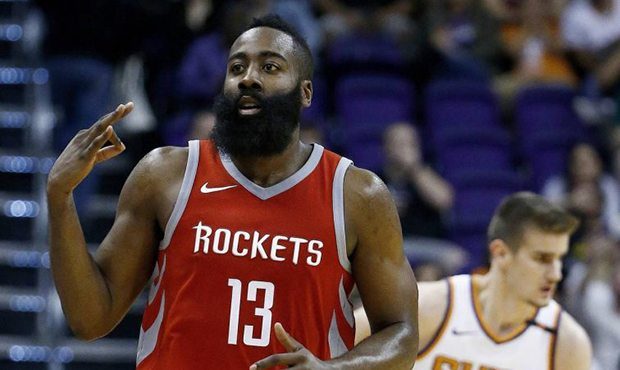 Houston Rockets guard James Harden (13) celebrates after draining a 3-pointer against Phoenix Suns ...