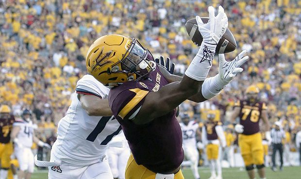 Arizona State wide receiver N'Keal Harry (1) catches a touchdown in front of Arizona cornerback Jac...