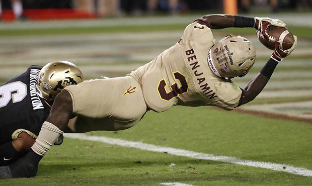 Arizona State running back Eno Benjamin (3) lunges for a touchdown as Colorado defensive back Evan ...