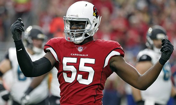 Arizona Cardinals outside linebacker Chandler Jones (55) celebrates a defensive stop against the Ja...