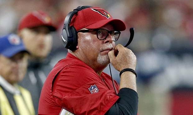 Arizona Cardinals head coach Bruce Arians watches during the second half of an NFL football game ag...