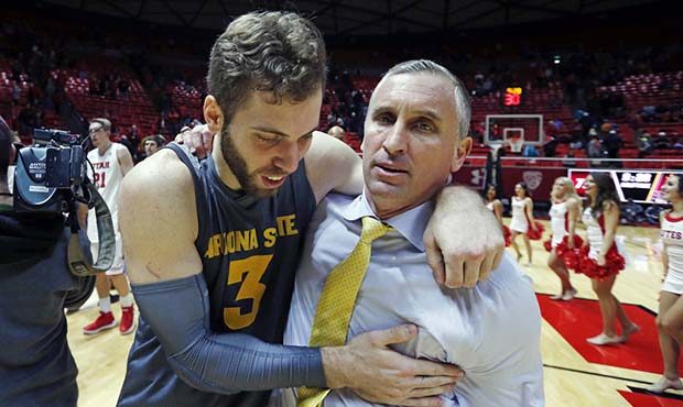 Arizona State forward Mickey Mitchell (3) and Arizona State head coach Bobby Hurley celebrate follo...