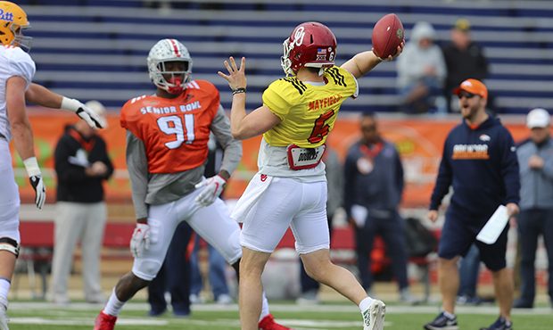 North Squad quarterback Baker Mayfield of Oklahoma (6) passes during the North teams practice for S...