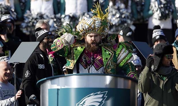 Philadelphia Eagles center Jason Kelce speaks in front of the Philadelphia Museum of Art after a Su...