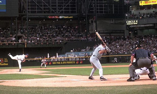 Arizona Diamondbacks pitcher Andy Benes delivers the first pitch in the team's inaugural season to ...