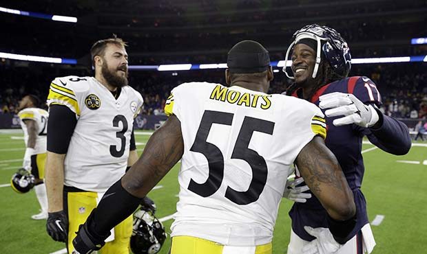 Houston Texans wide receiver Cobi Hamilton (17) reaches to hug Pittsburgh Steelers outside lineback...