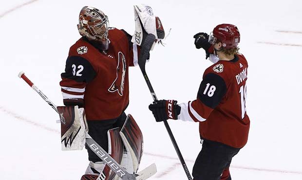 Arizona Coyotes goaltender Antti Raanta (32) celebrates a win against the Calgary Flames with cente...