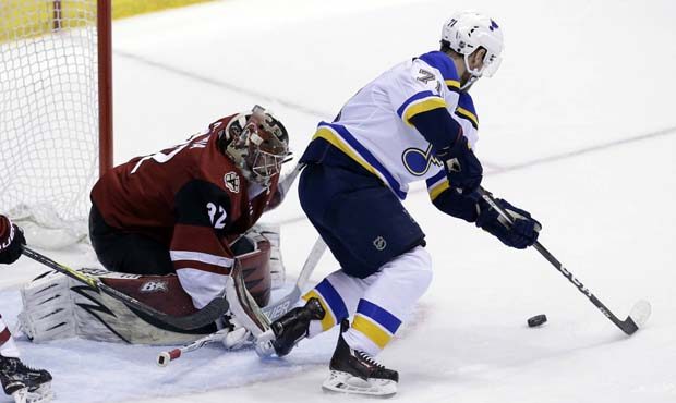 Arizona Coyotes goaltender Antti Raanta (32) makes the save on St. Louis Blues left wing Vladimir S...
