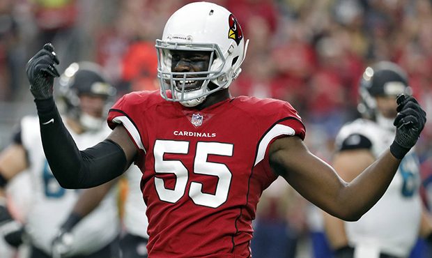 Arizona Cardinals outside linebacker Chandler Jones (55) celebrates a defensive stop against the Ja...