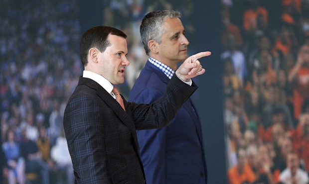 Phoenix Suns new head coach Igor Kokoskov, right, arrives with general manager Ryan McDonough to sp...