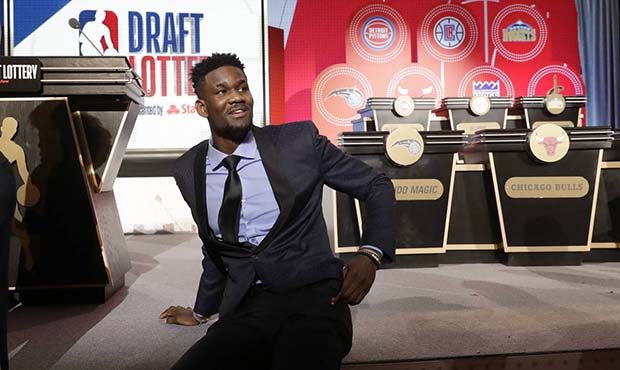 Deandre Ayton from Arizona sits on the stage before the NBA basketball draft lottery Tuesday, May 1...