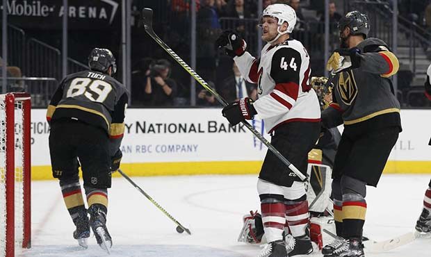 Arizona Coyotes defenseman Kevin Connauton (44) celebrates after scoring against the Vegas Golden K...