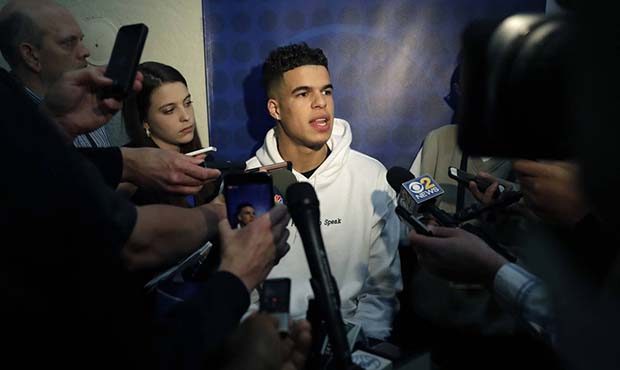 Michael Porter Jr., from Missouri, speaks to reporters during the NBA draft basketball combine Thur...