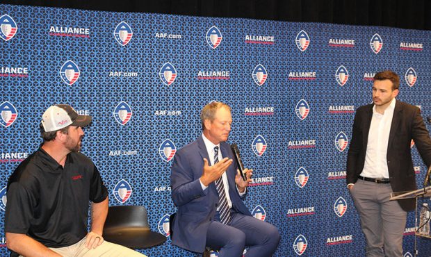 Rick Neuheisel (center), new coach of the Phoenix franchise of the American Alliance of Football, t...