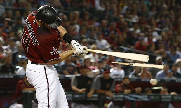 Arizona Diamondbacks' Paul Goldschmidt breaks his bat on a swing against the Houston Astros during ...