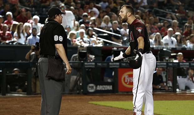 Arizona Diamondbacks' Steven Souza Jr., right, argues with umpire Doug Eddings. (AP Photo/Ross D. F...