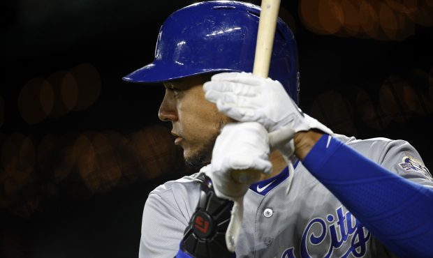 Kansas City Royals' Jon Jay prepares for an at-bat during a baseball game against the Baltimore Ori...