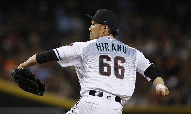 Arizona Diamondbacks relief pitcher Yoshihisa Hirano, of Japan, throws a pitch to the San Francisco...