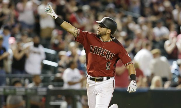 Arizona Diamondbacks' David Peralta reacts after hitting a solo home run against the Miami Marlins ...
