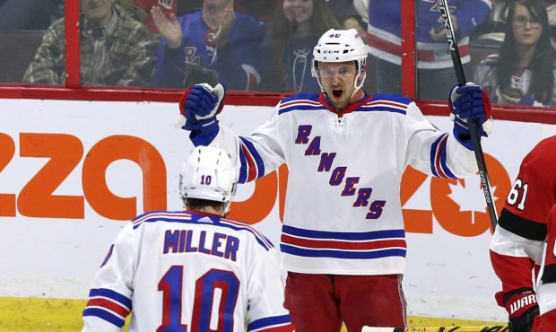 FILE - In this Feb. 17, 2018, file photo, New York Rangers right wing Michael Grabner (40) celebrat...