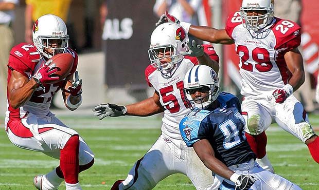 Arizona Cardinals' David Macklin (27) intercepts a pass intended for Tennessee Titans' Brandon Jone...