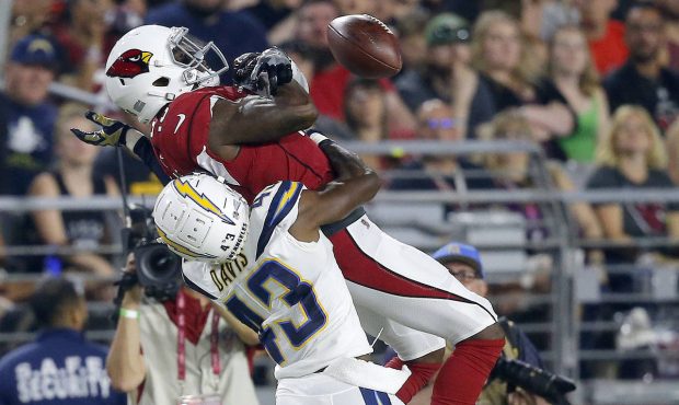 Los Angeles Chargers cornerback Michael Davis (43) breaks up a pass intended for Arizona Cardinals ...