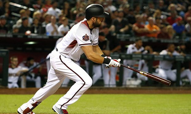 Arizona Diamondbacks' Steven Souza Jr. hits an RBI-single in the ninth inning of a baseball game ag...