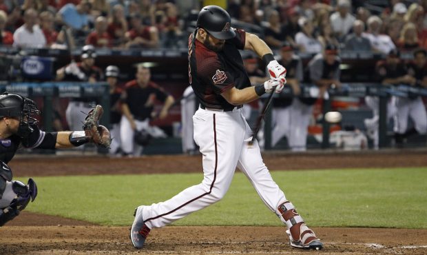 Arizona Diamondbacks' Steven Souza hits an RBI single against the Colorado Rockies during the fifth...