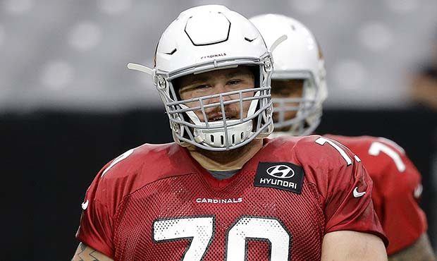 Arizona Cardinals center Evan Boehm warms up during an NFL football practice, Thursday, Aug. 2, 201...