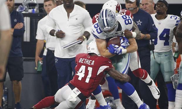 Dallas Cowboys tight end Blake Jarwin (89) is tackled by Arizona Cardinals defensive back Antoine B...