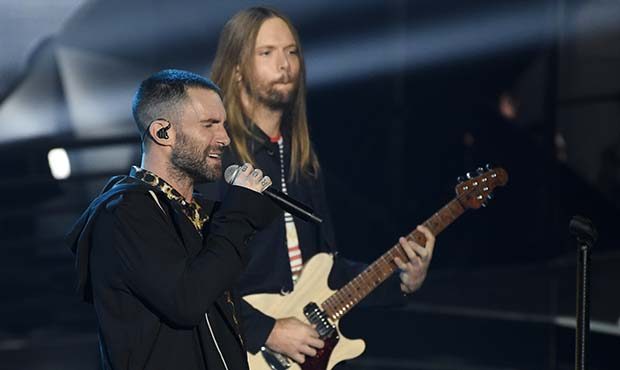 Adam Levine, left, and James Valentine of Maroon 5 perform during the 2018 iHeartRadio Music Awards...