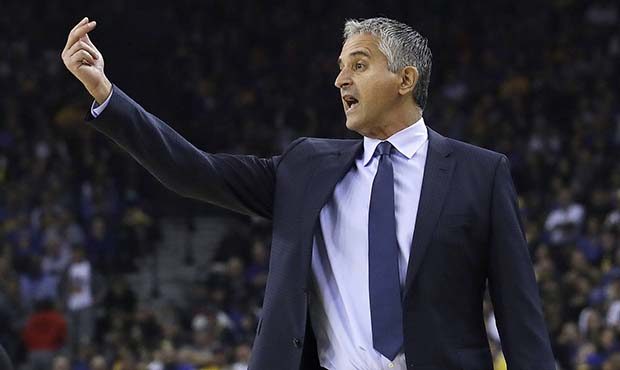 Phoenix Suns head coach Igor Kokoskov gestures during the first half of an NBA basketball game agai...