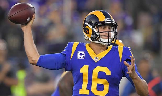 Los Angeles Rams quarterback Jared Goff passes against the Minnesota Vikings during the first half ...