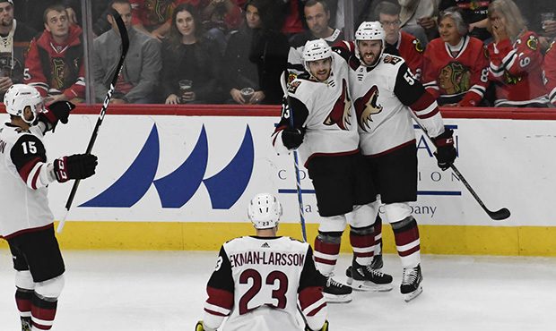 Arizona Coyotes center Vinnie Hinostroza (13) celebrates his goal against the Chicago Blackhawks wi...